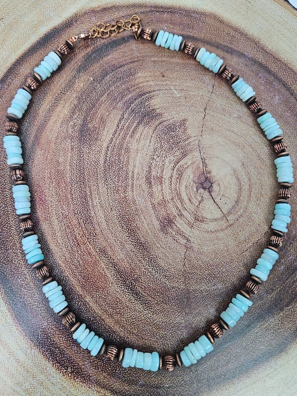 New Graduated 6mm-8mm Copper Bead and Larimar Heishi Bead 19" + 3" Necklace